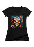 Black Sugar Skull Flowers Juniors V-Neck T-Shirt