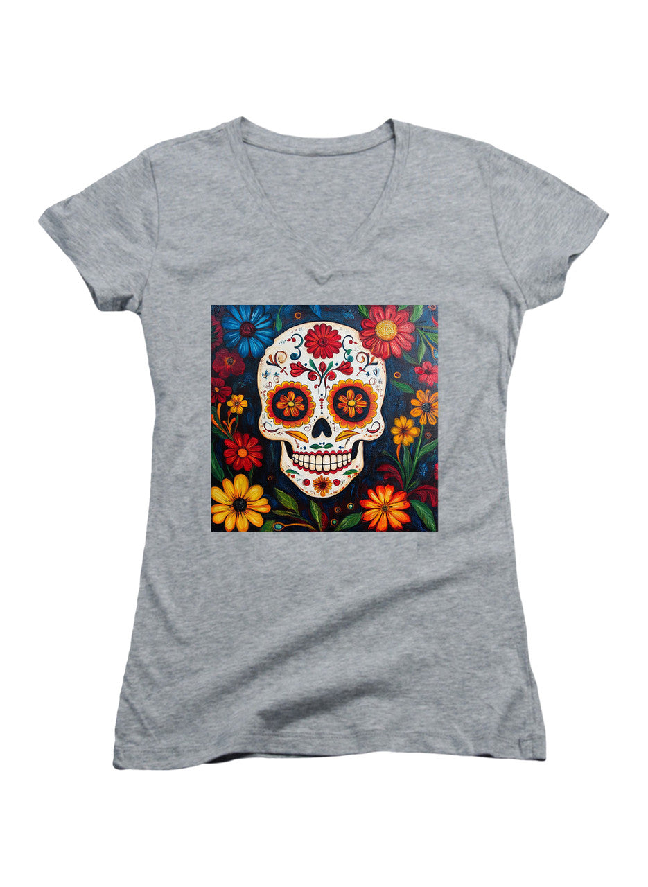 Gray Sugar Skull Flowers Juniors V-Neck T-Shirt