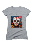 Gray Sugar Skull Flowers Juniors V-Neck T-Shirt