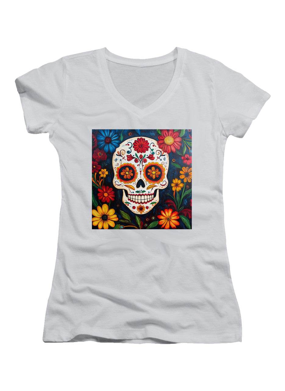 White Sugar Skull Flowers Juniors V-Neck T-Shirt