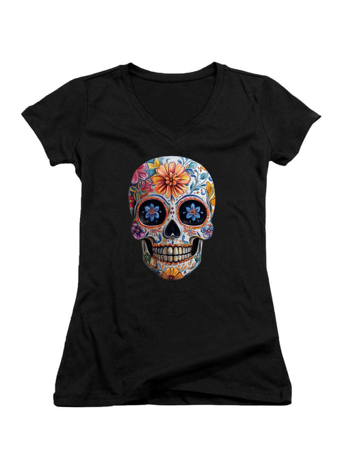 Black Sugar Skull Juniors V-Neck T-Shirt