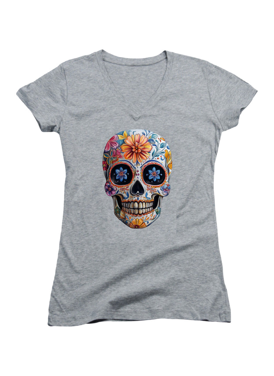Gray Sugar Skull Juniors V-Neck T-Shirt