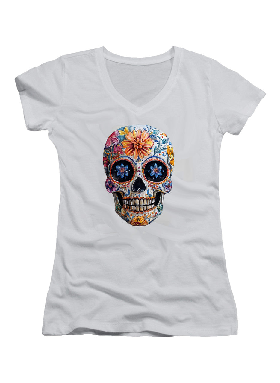White Sugar Skull Juniors V-Neck T-Shirt