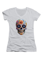 White Sugar Skull Juniors V-Neck T-Shirt