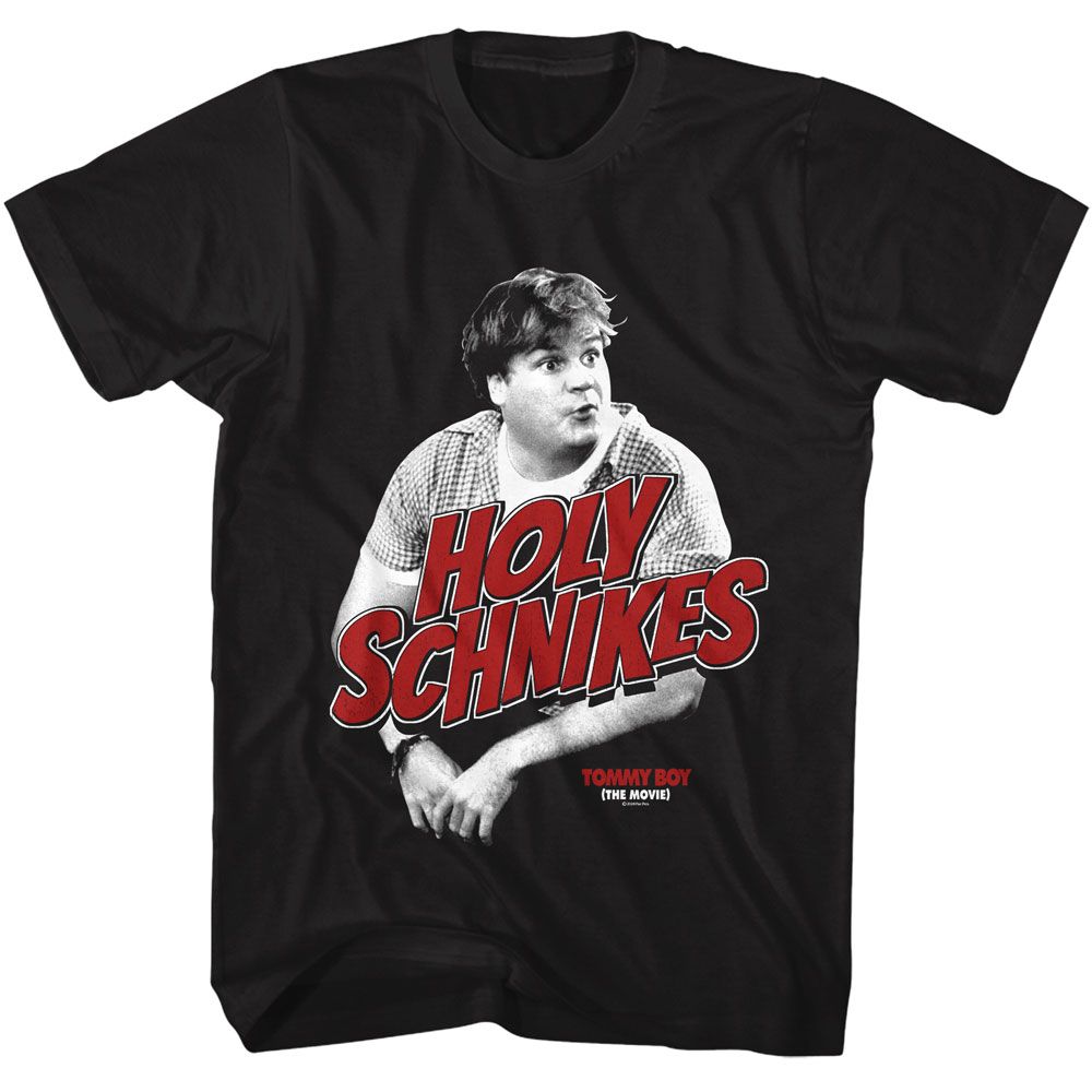 Black Tommy Boy t-shirt featuring a Holy Schnikes design
