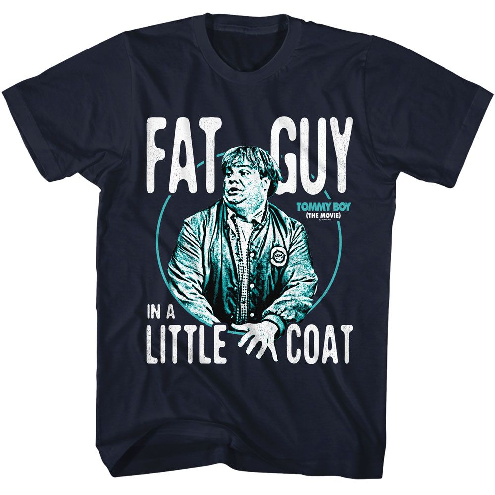 Navy Tommy Boy t-shirt featuring a Little Coat design