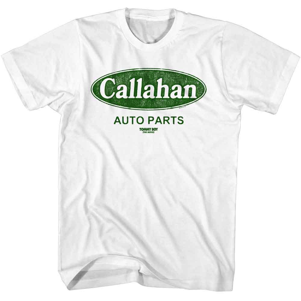 White Tommy Boy t-shirt featuring a Callahan Auto Logo White design