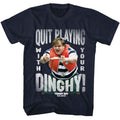 Navy Tommy Boy t-shirt featuring a Quit Playing design