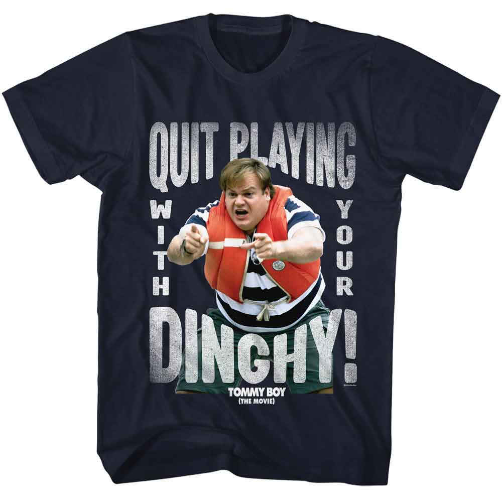 Navy Tommy Boy t-shirt featuring a Quit Playing design