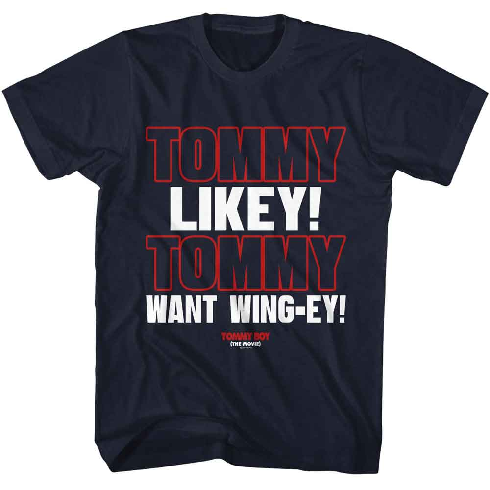 Navy Tommy Boy t-shirt featuring a Tommy Likey design