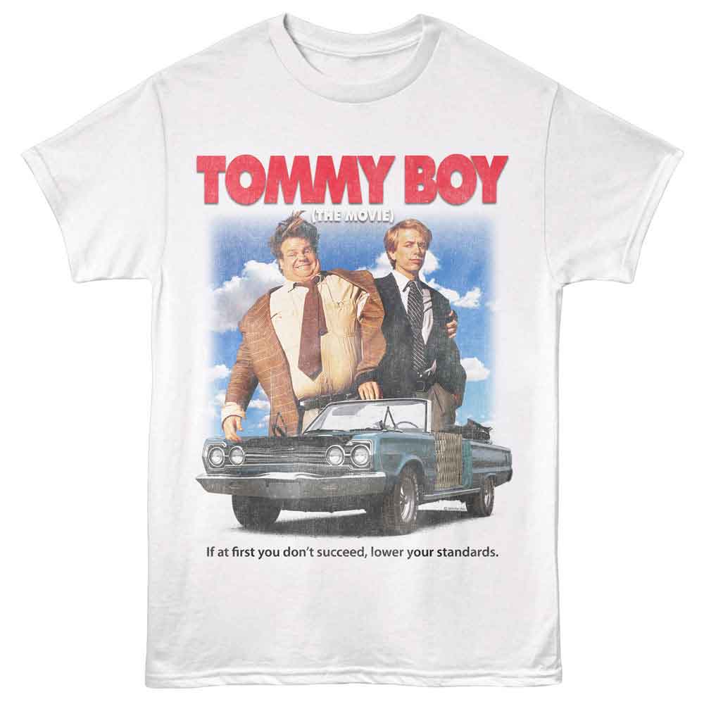 White Tommy Boy t-shirt featuring a Movie Poster design
