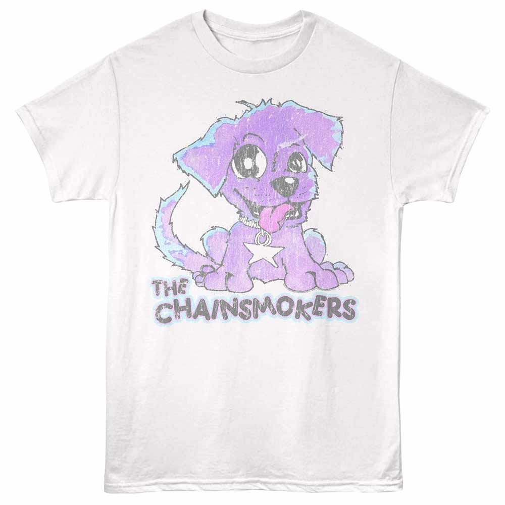 White The Chainsmokers t-shirt featuring a Pup design