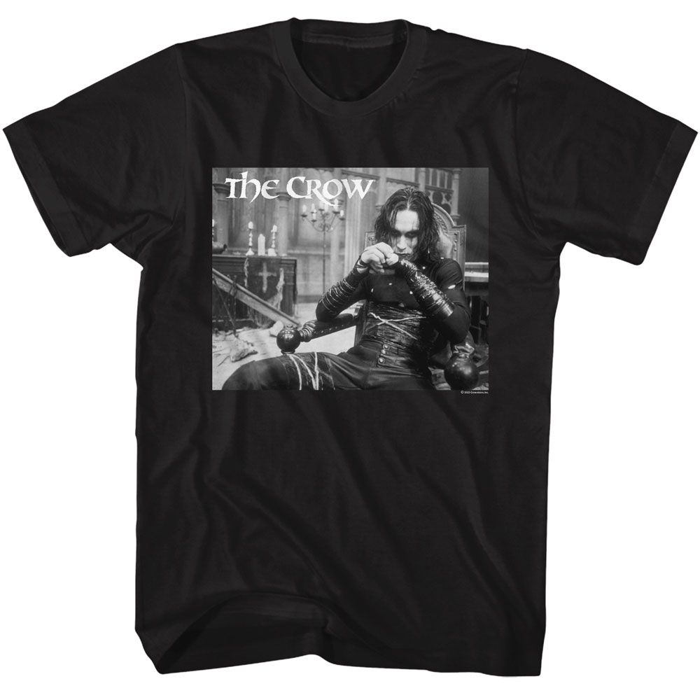 Black The Crow t-shirt featuring a Draven in Chair design