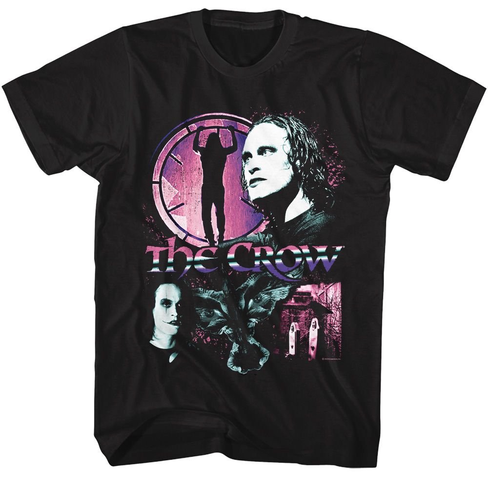 Black The Crow t-shirt featuring a gradient collage design