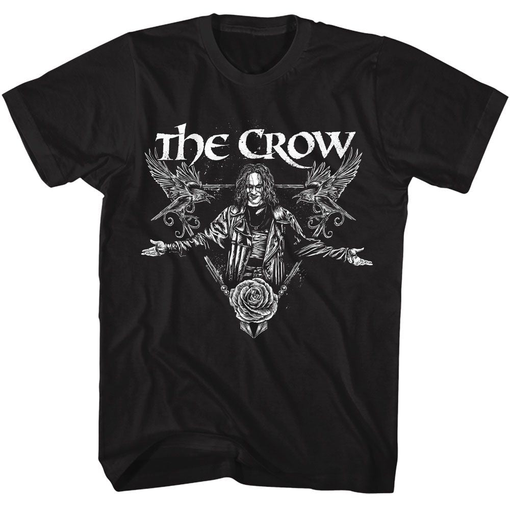 Black The Crow t-shirt featuring a Crows and Rose Triangle design