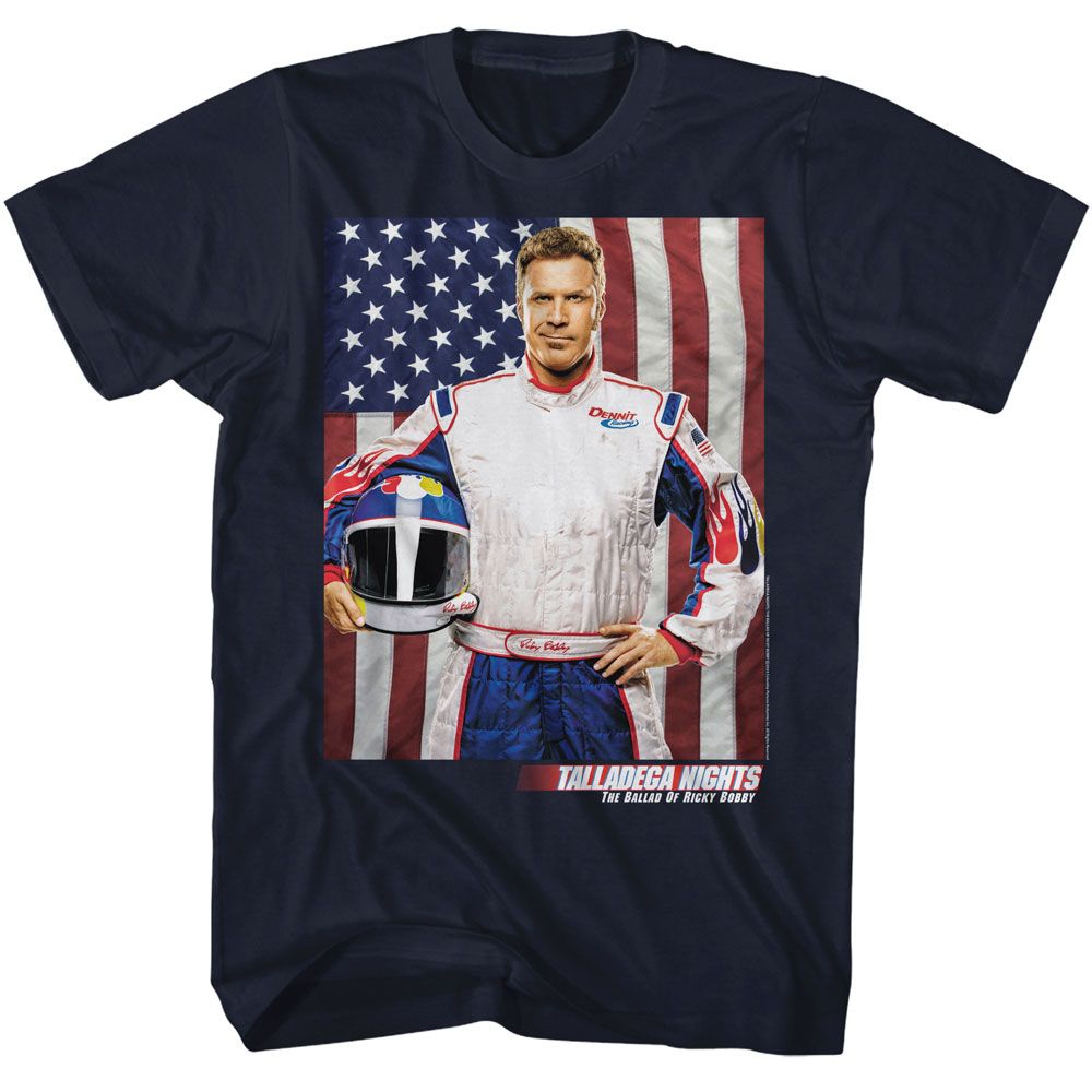 Navy Talladega Nights t-shirt featuring a Talladega Nights Talladega Nights Rb and Flag design