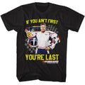 Black Talladega Nights t-shirt featuring a Talladega Nights Talladega Nights Not 1st Youre Last Checkered design