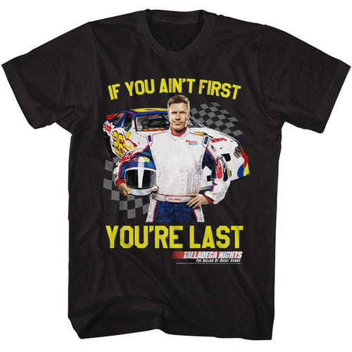 Black Talladega Nights t-shirt featuring a Talladega Nights Talladega Nights Not 1st Youre Last Checkered design