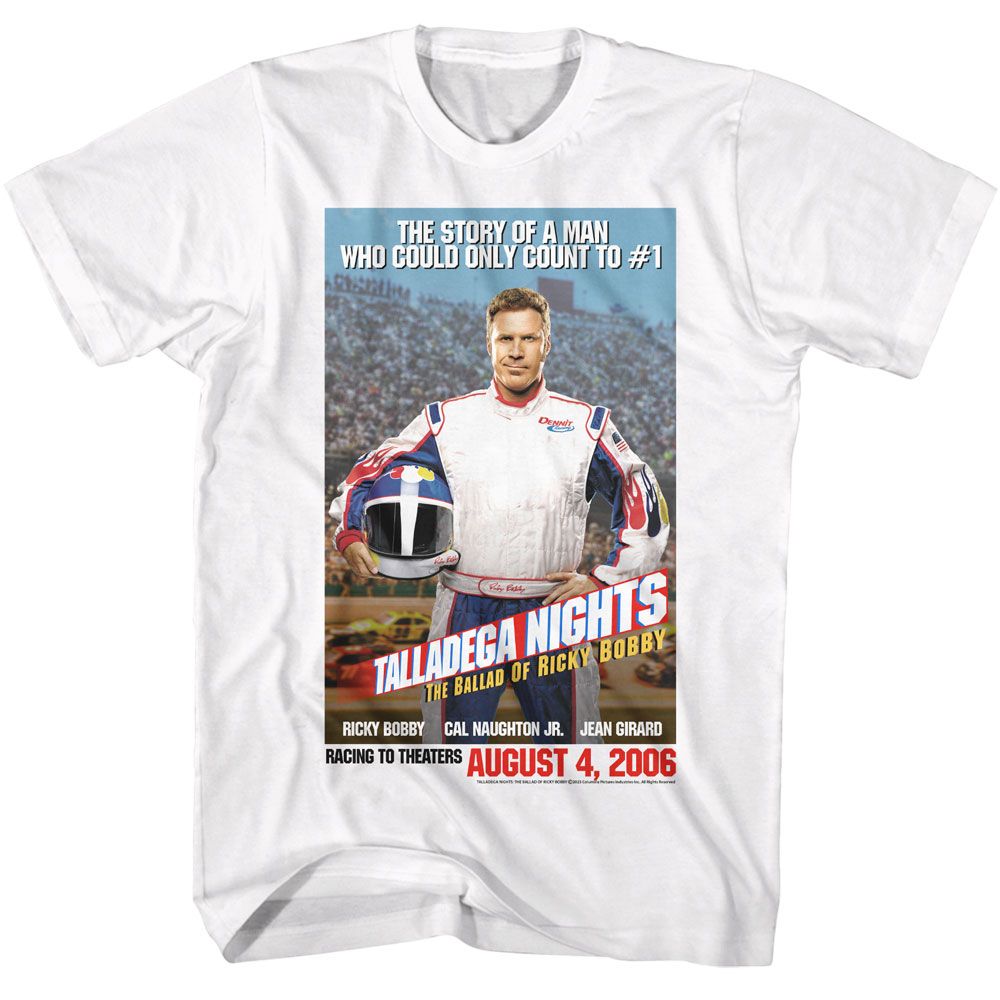 White Talladega Nights t-shirt featuring a Talladega Nights movie poster design