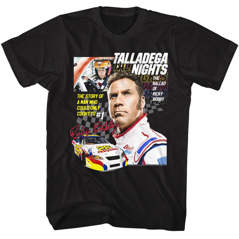 Black Talladega Nights t-shirt featuring a Talladega Nights Talladega Nights Collage design