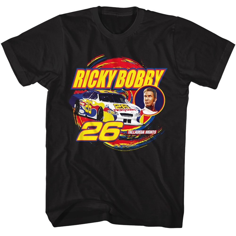 Black Talladega Nights t-shirt featuring a Talladega Nights Talladega Nights Ricky Bobby Swirl design