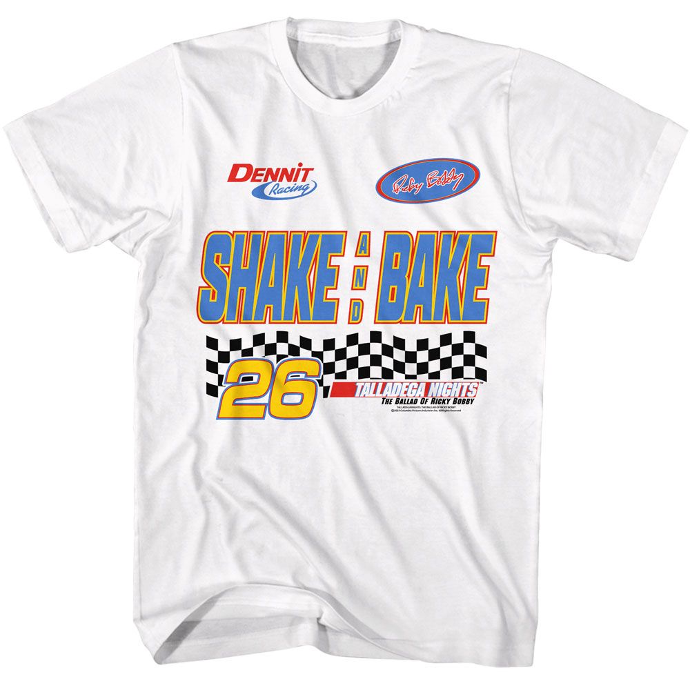 White Talladega Nights t-shirt featuring a Shake and Bake design