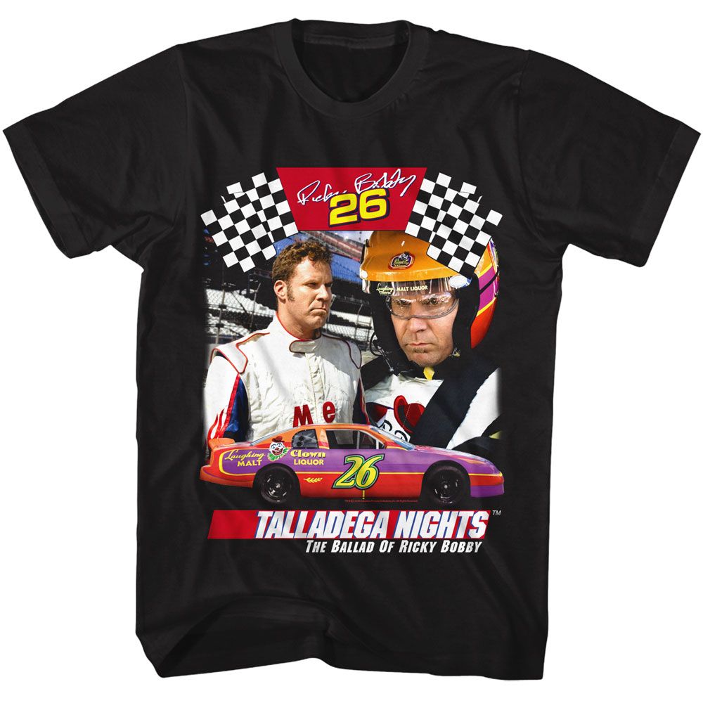 Black Talladega Nights t-shirt featuring a Talladega Nights Talladega Nights Ricky Collage design