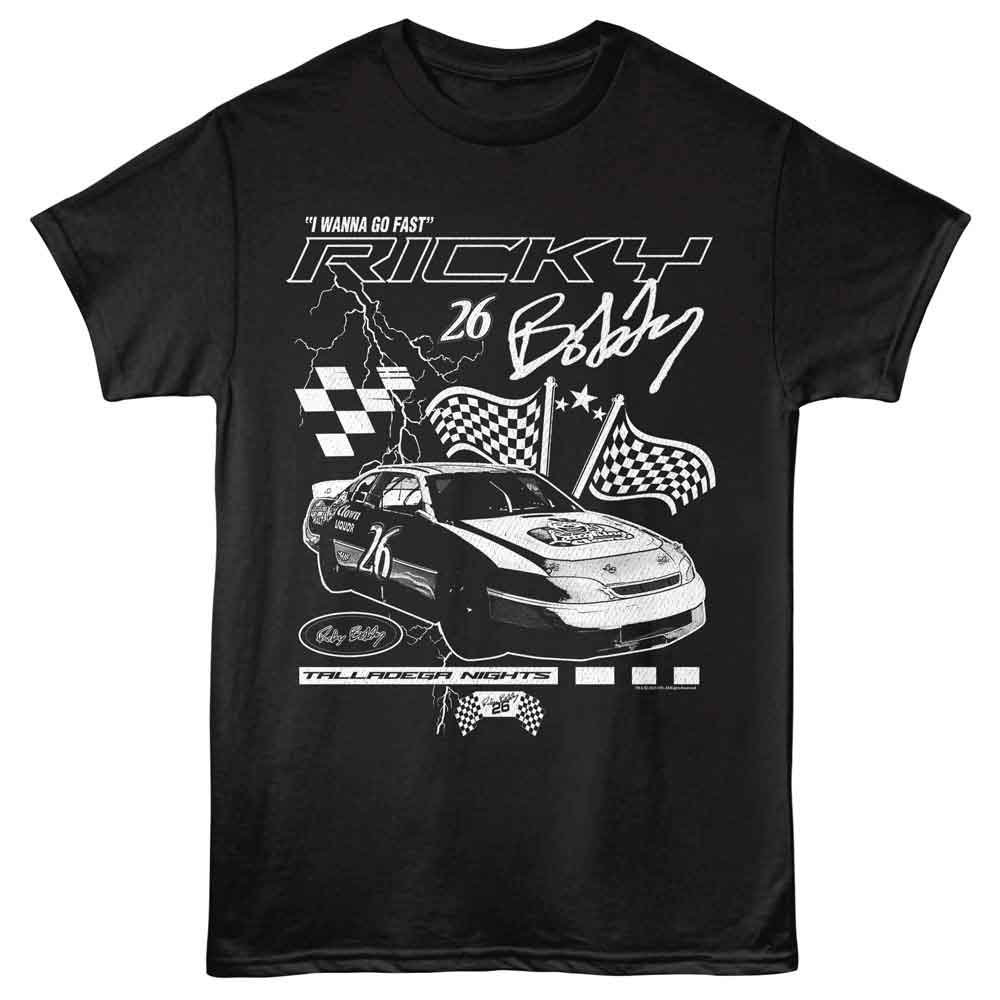Black Talladega Nights t-shirt featuring a Talladega Nights Talladega Nights Lightning and Flags design