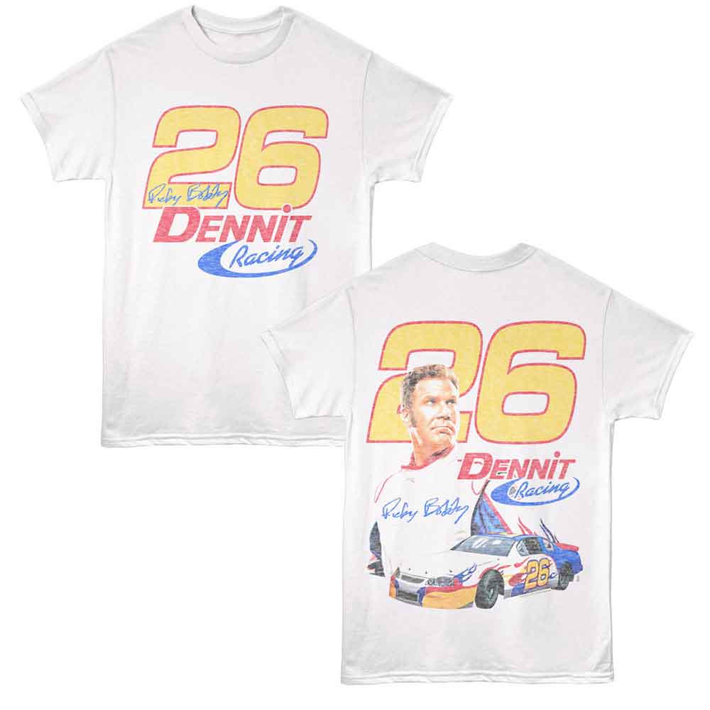 White Talladega Nights t-shirt featuring a Dennit Racing 26 design