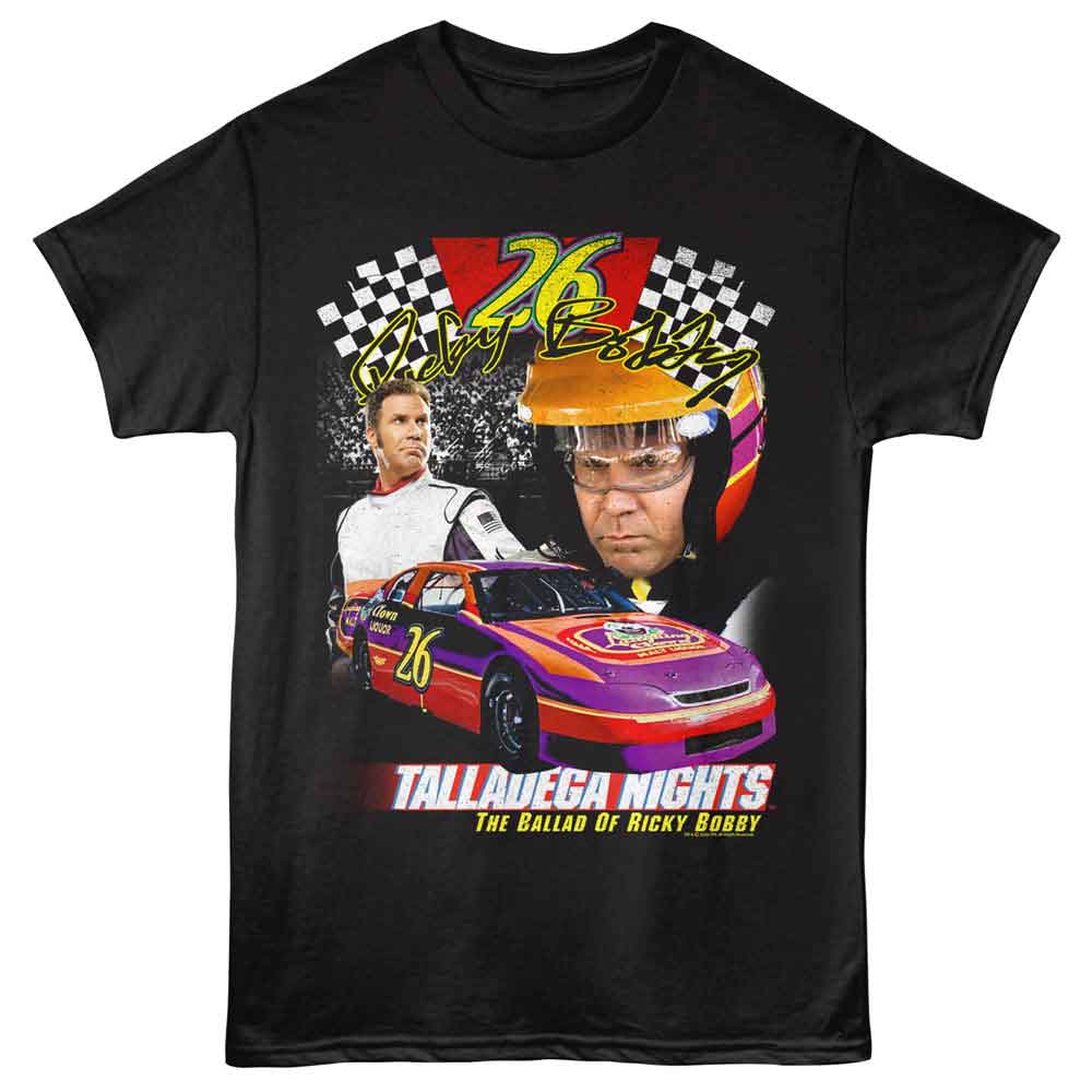 Black Talladega Nights t-shirt featuring a Talladega Nights Talladega Nights Laughing Clown Collage design