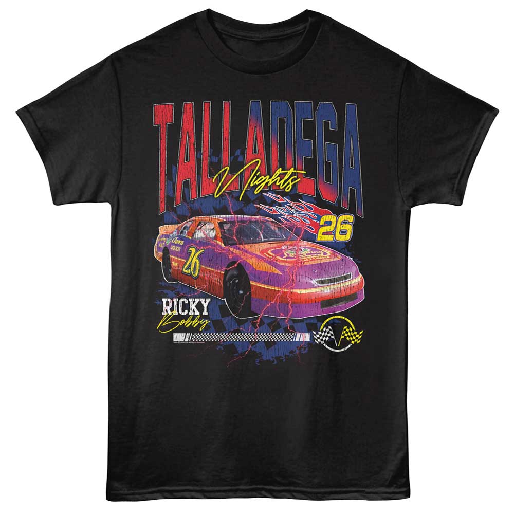 Black Talladega Nights t-shirt featuring a Talladega Nights Talladega Nights Lightning design