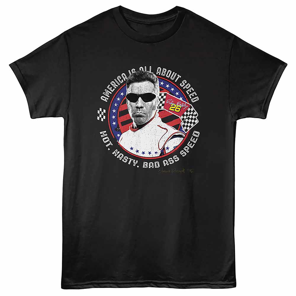 Black Talladega Nights t-shirt featuring a America Is About Speed design