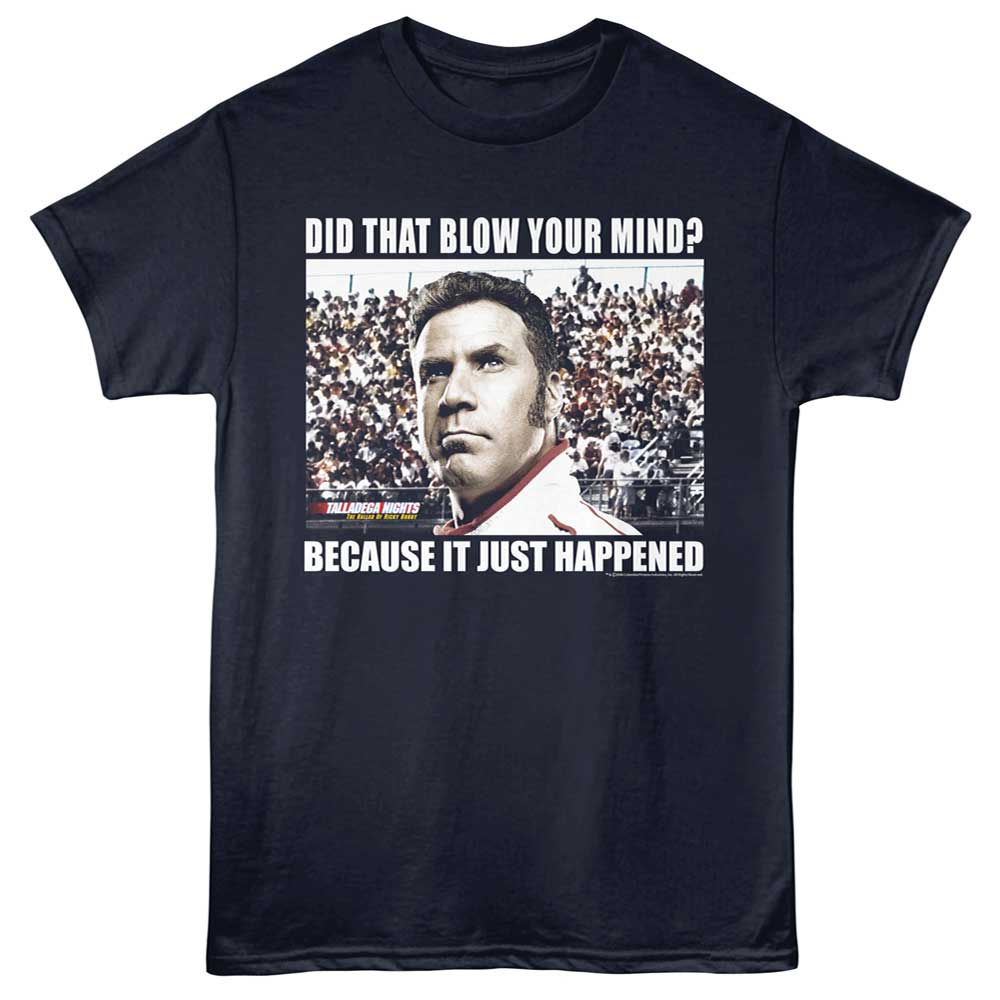 Navy Talladega Nights t-shirt featuring a Talladega Nights Talladega Nights Blow Your Mind design