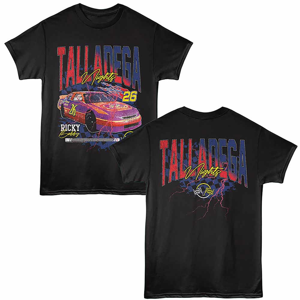 Black Talladega Nights t-shirt featuring a Ricky Bobby Lightning design