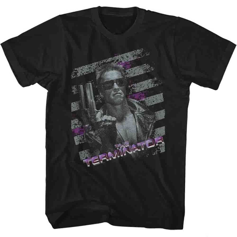 Black The Terminator t-shirt featuring a Terminator Purple design