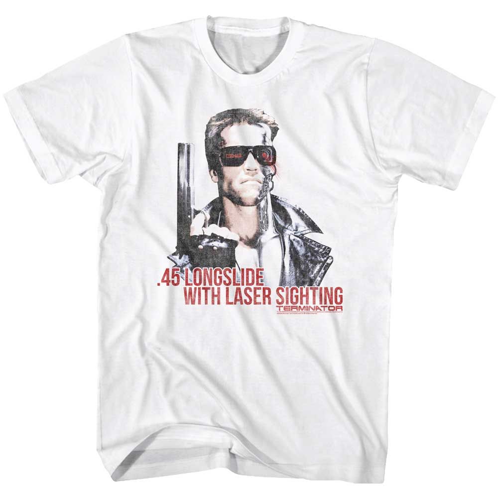 White The Terminator t-shirt featuring a Terminator Laser Sighting design