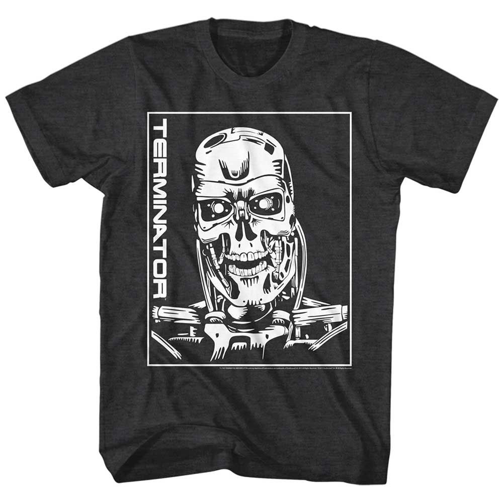 Black Heather The Terminator t-shirt featuring a Terminator Machine Skull design