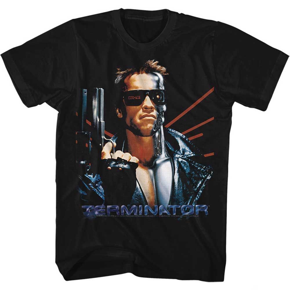 Black The Terminator t-shirt featuring a Terminator Laser Back design