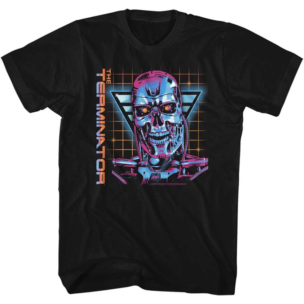 Black The Terminator t-shirt featuring a Terminator So Very 80s design