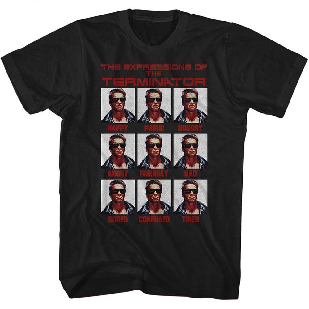 Black The Terminator t-shirt featuring a Terminator Expressions design
