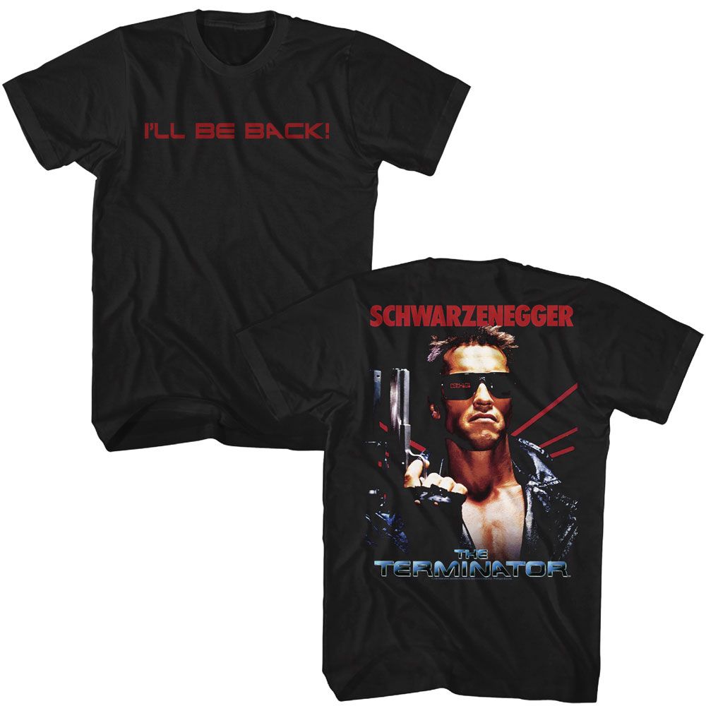 Black The Terminator t-shirt featuring a Terminator Terminator Ill Be Back Front and Back design