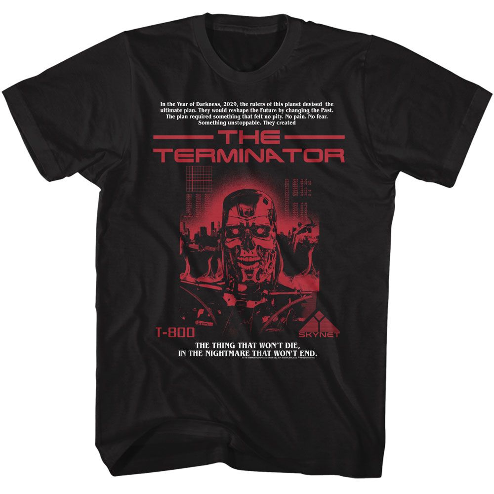 Black The Terminator t-shirt featuring a Terminator Terminator Red T 800 design