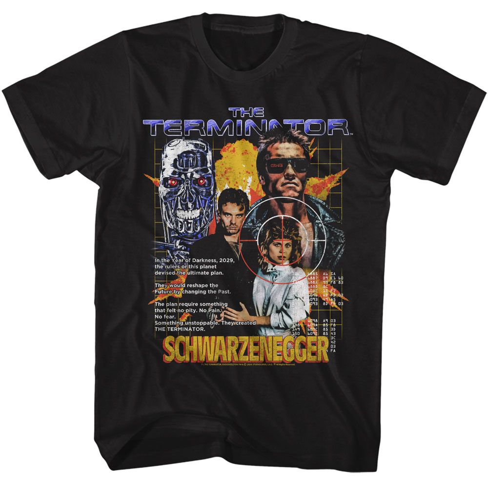 Black The Terminator t-shirt featuring a Terminator Terminator Year of Darkness design