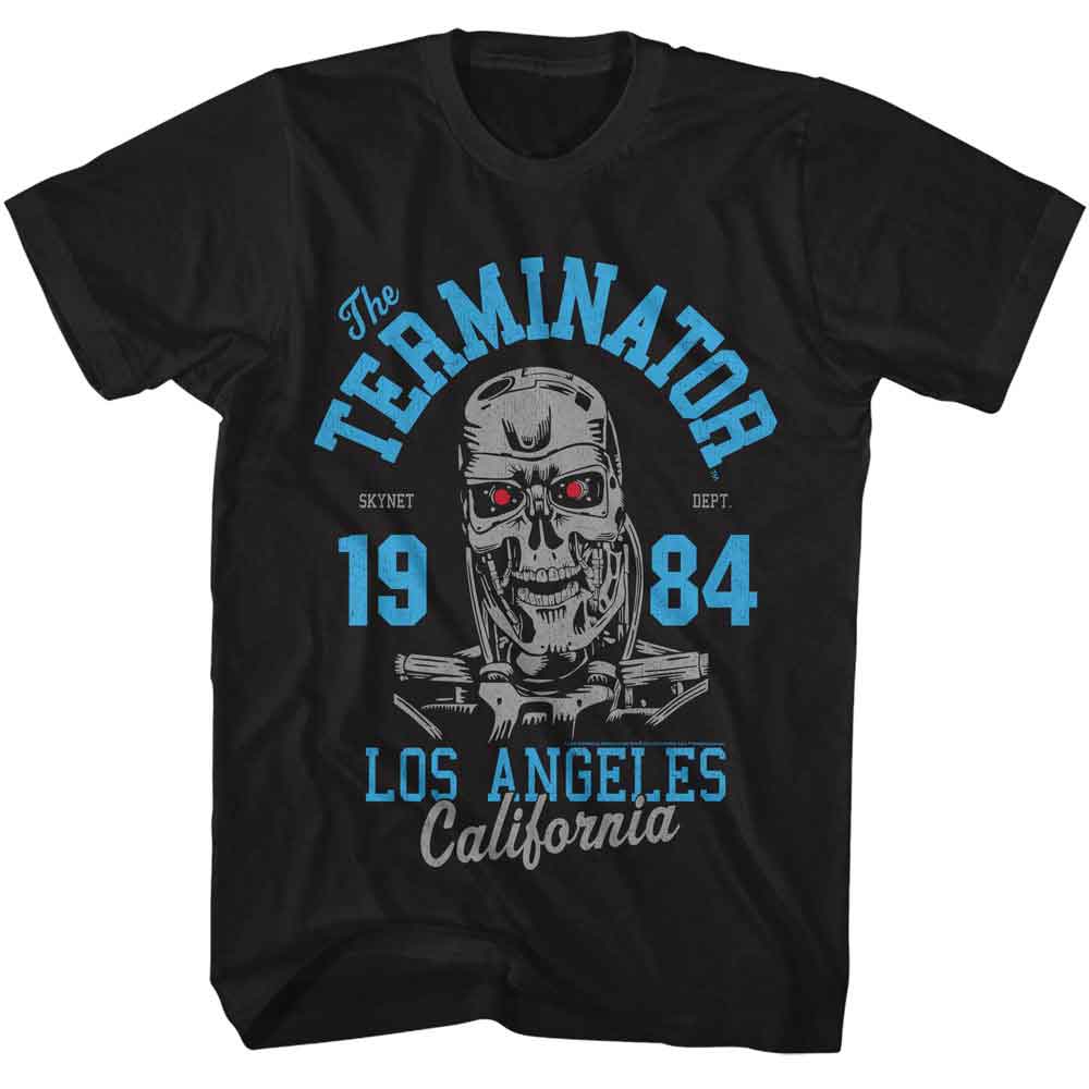 Black The Terminator t-shirt featuring a Terminator Terminator Collegiate design