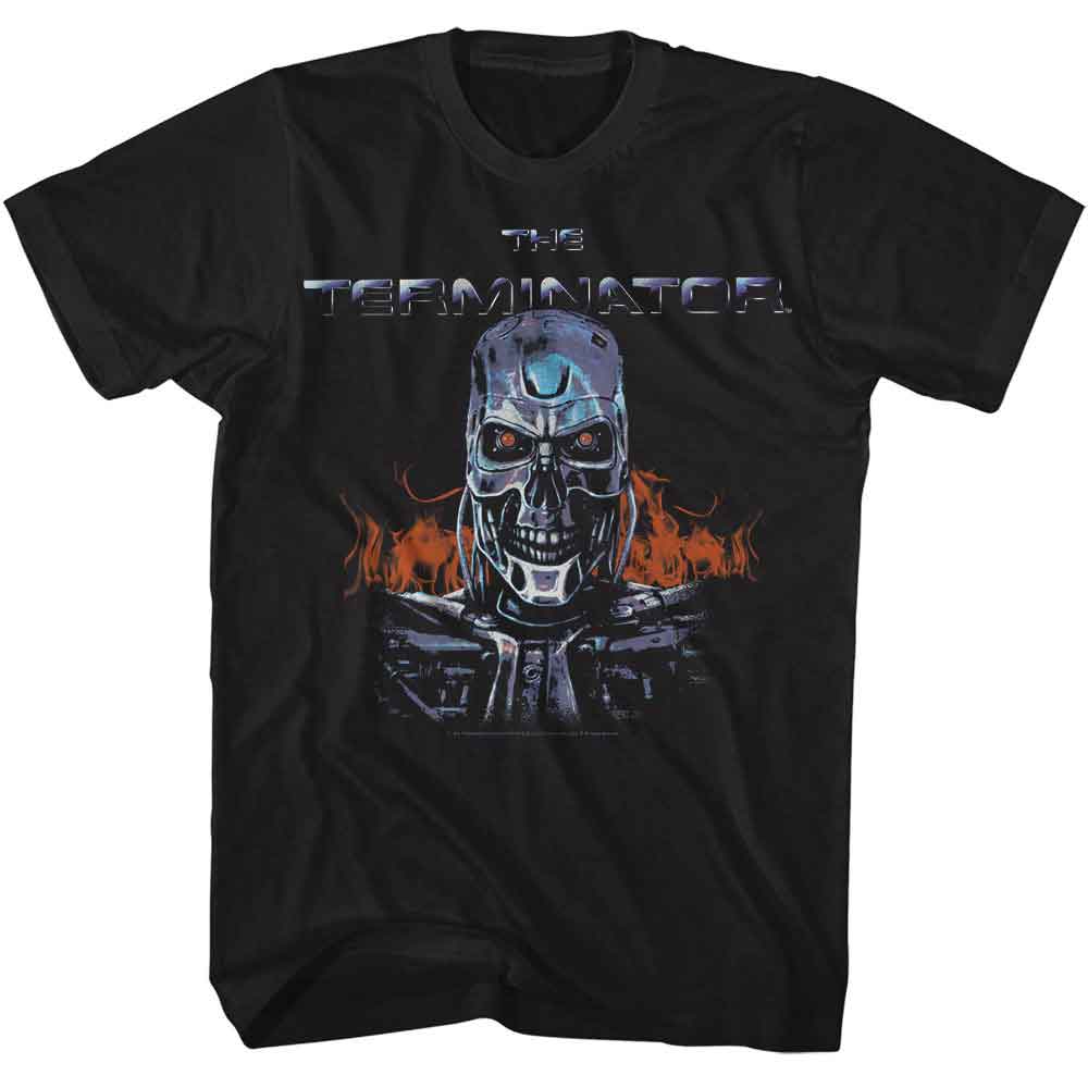 Black The Terminator t-shirt featuring a Terminator Terminator Flames design