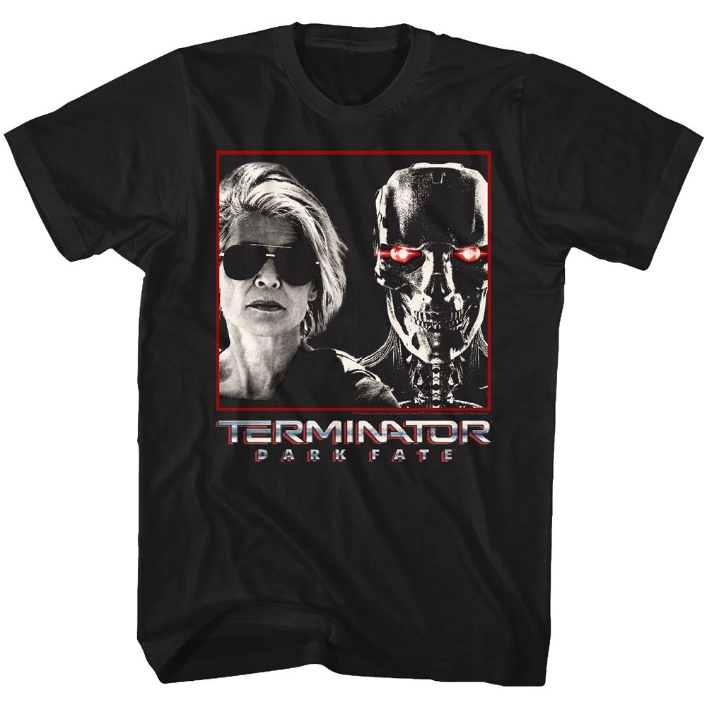 Black Terminator Dark Fate t-shirt featuring a Sarah and Rev-9 design