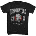 Black Terminator 2 t-shirt featuring a Terminator 2 collegiate design