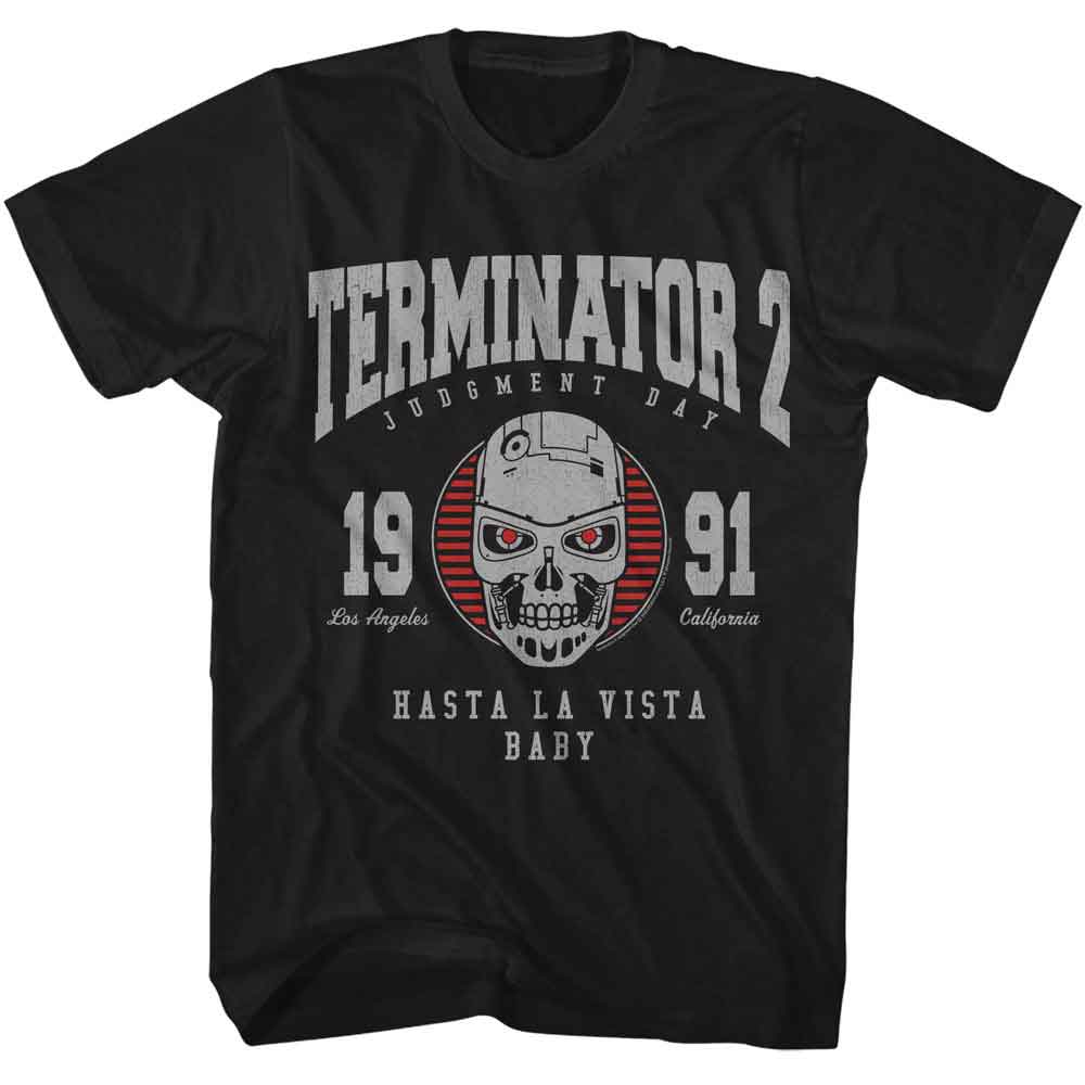 Black Terminator 2 t-shirt featuring a Terminator 2 collegiate design