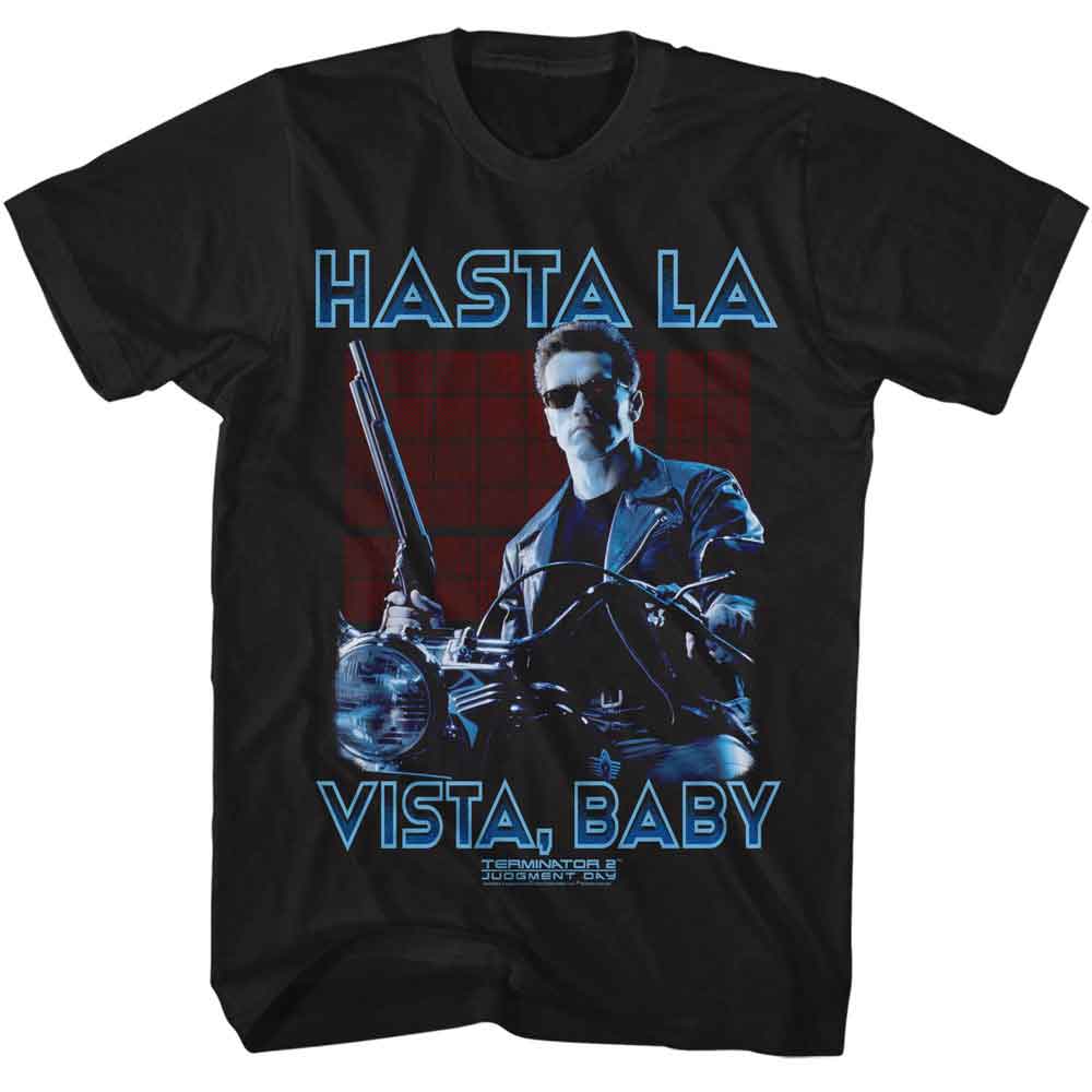 Black Terminator 2 t-shirt featuring a Hasta La Vista Baby design