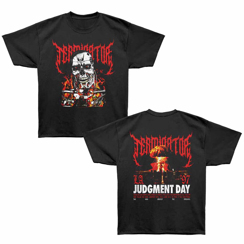 Black The Terminator t-shirt featuring a Terminator Judgment Day LA 97 design